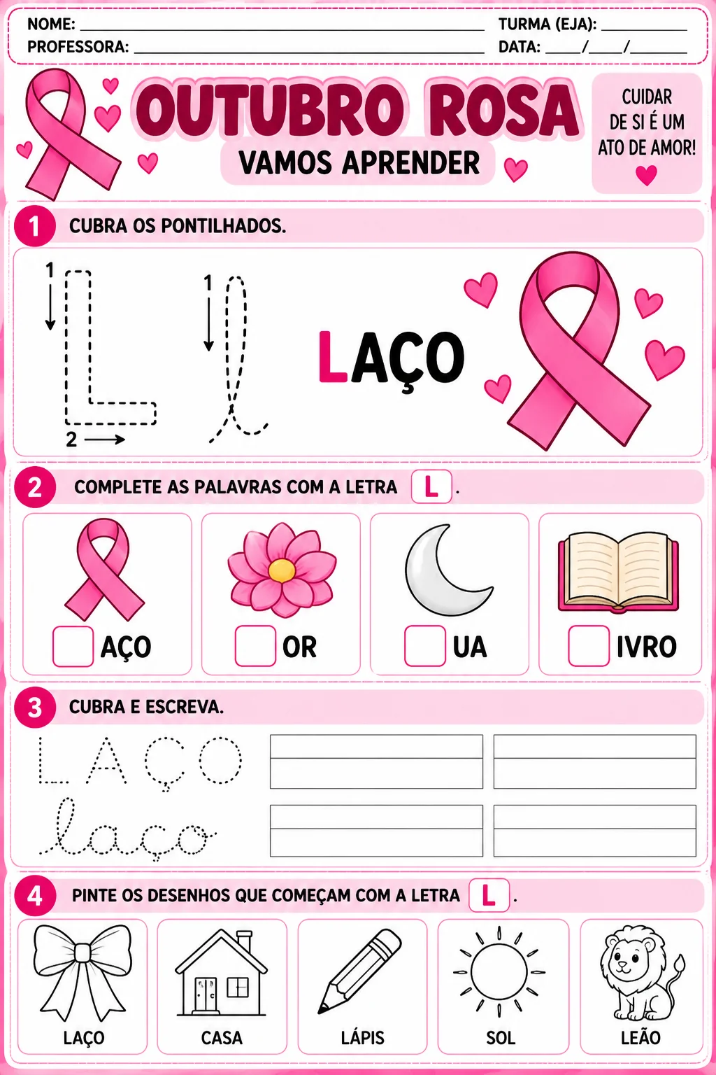Outubro Rosa Pacote de Atividades PDF Ensino Fundamental Alfabetização — amostra 5: 2. Alfabetização