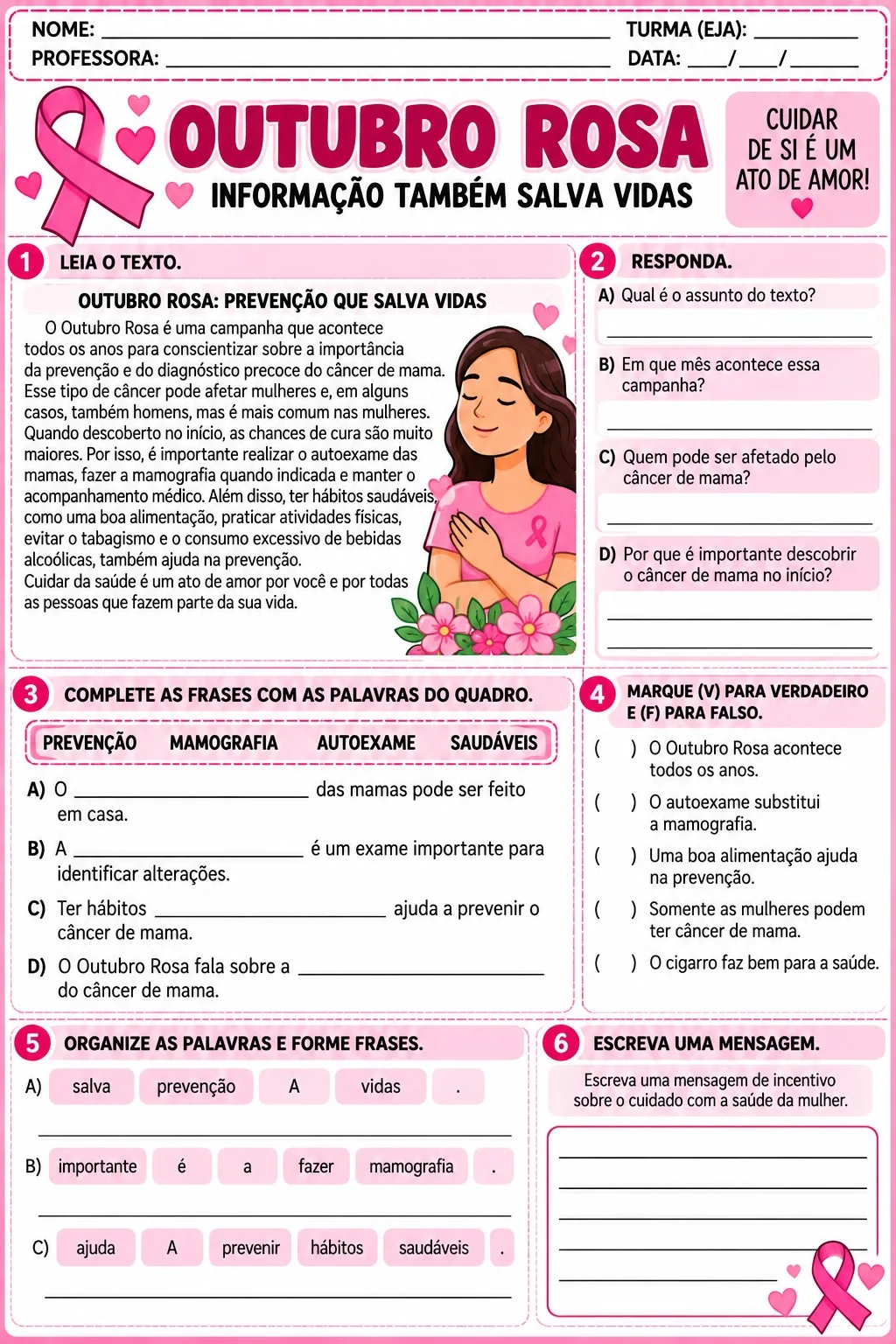 Outubro Rosa Pacote de Atividades PDF Ensino Fundamental Alfabetização — amostra 7: 4. Matemática