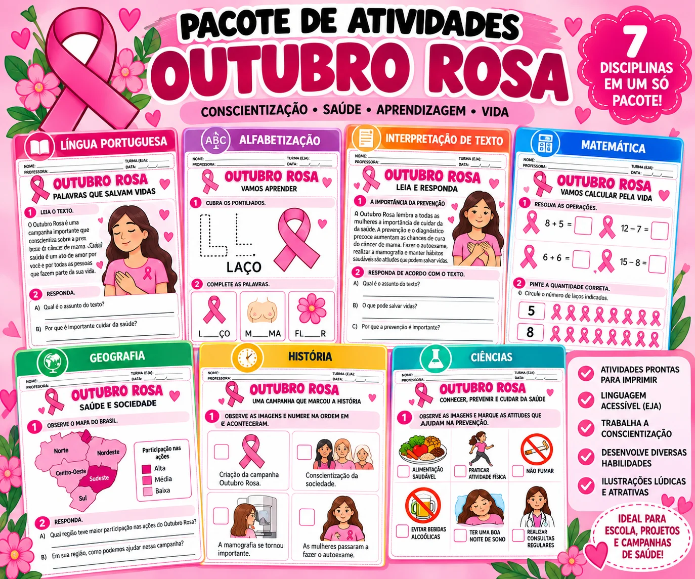 Outubro Rosa Pacote de Atividades PDF Ensino Fundamental Alfabetização — capa do material