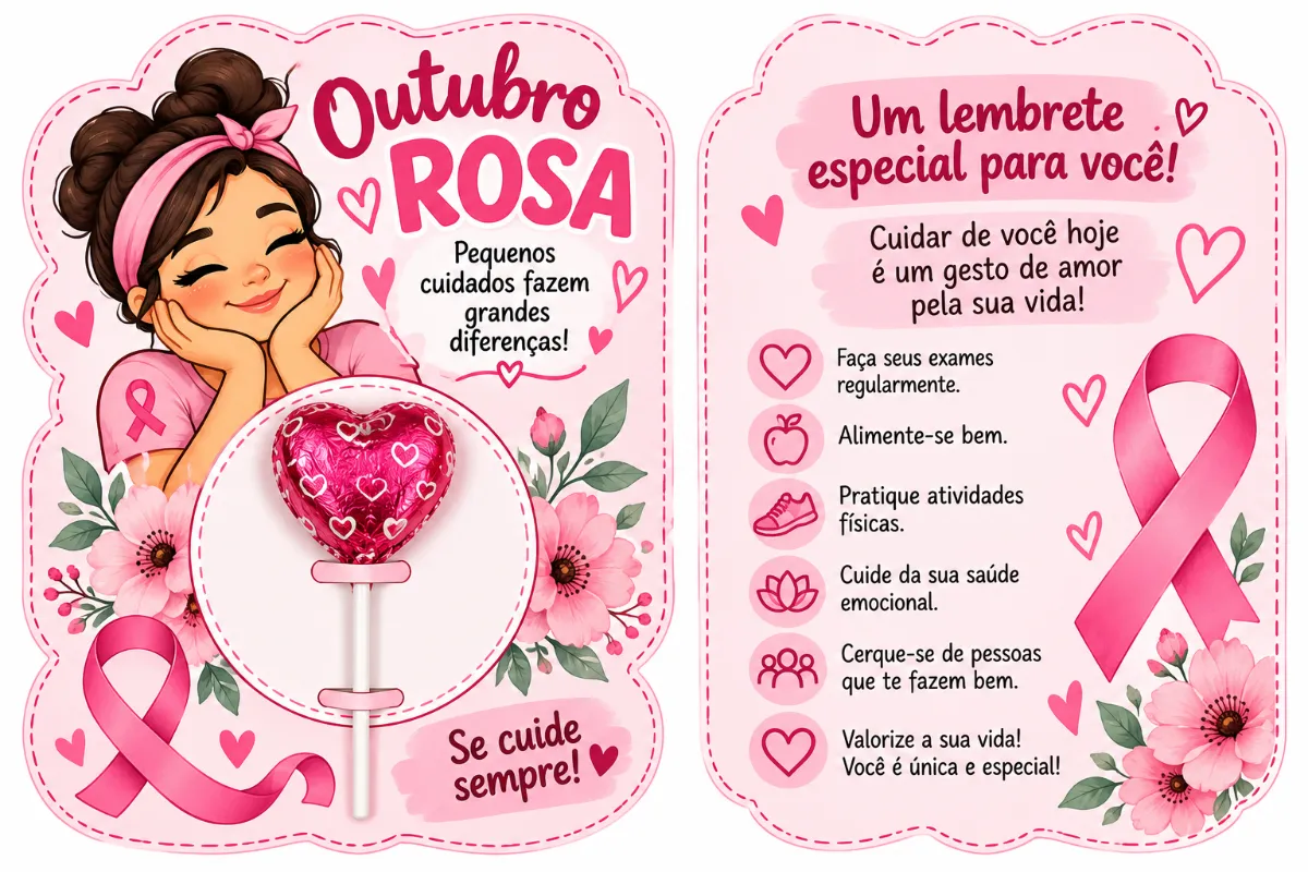 Outubro Rosa: proposta de cartão porta pirulito. — Datas comemorativas para Fundamental II (6º–9º): O Outubro Rosa é uma…