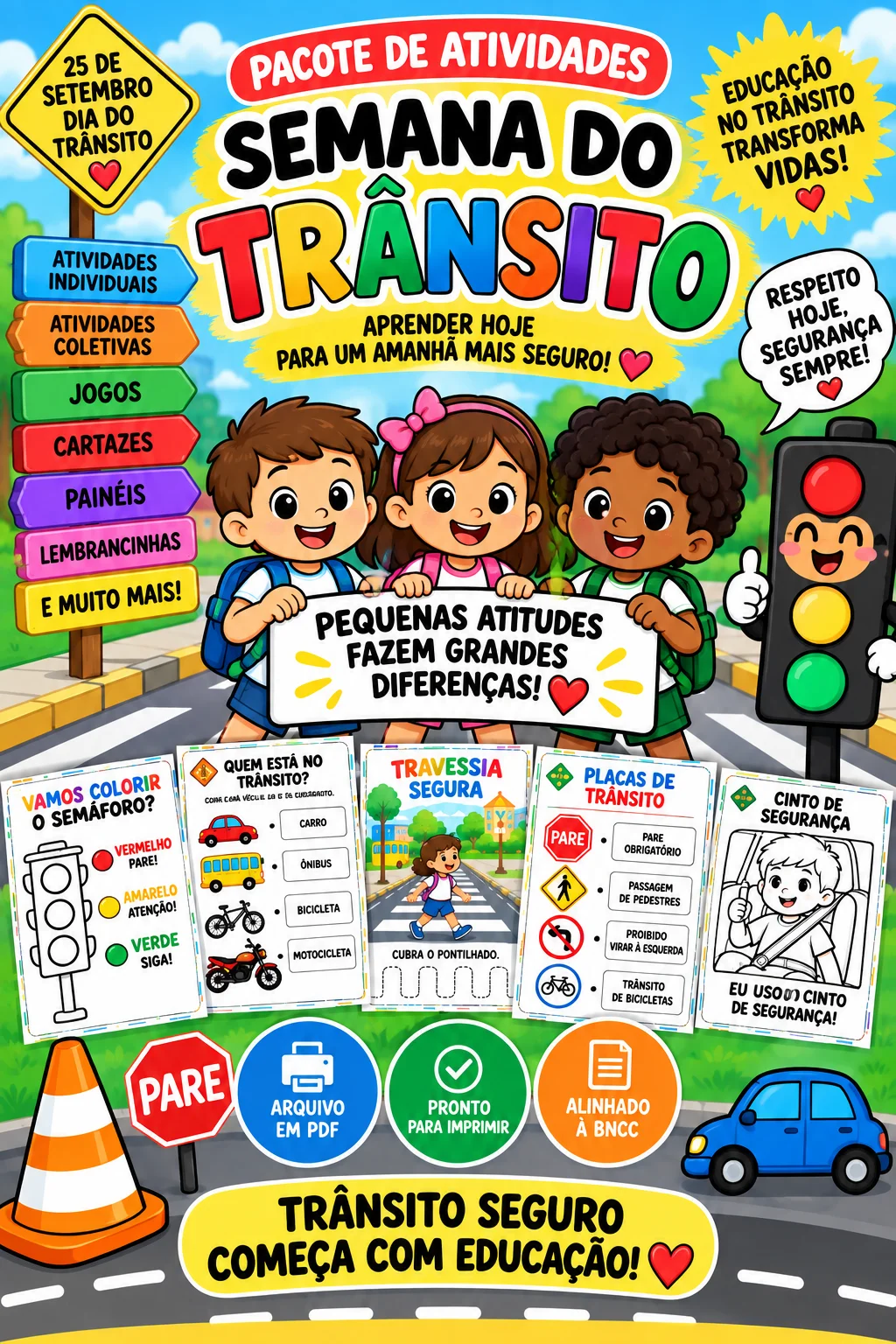 🚦 PACOTE 12 ATIVIDADES – SEMANA DO TRÂNSITO EM PDF — capa do material