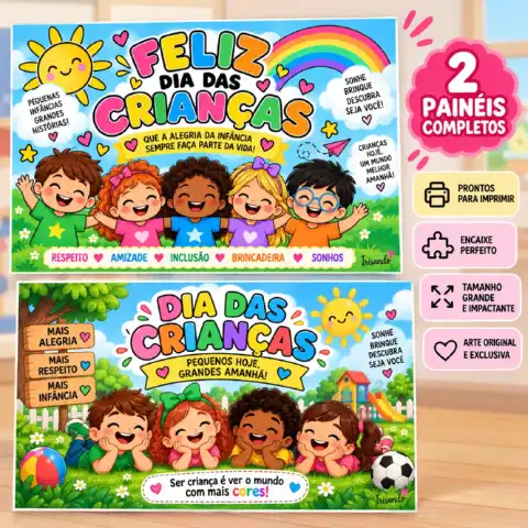Painéis Dia das Crianças — 2 Modelos ampliados — amostra 3: Transforme a escola em um espaço mais alegre, colorido e…