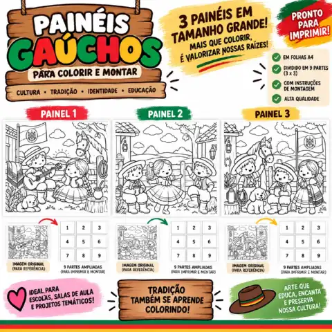 Painéis Gaúchos para Colorir e Montar — 3 Painéis em Tamanho Grande — amostra 1: O arquivo inclui: