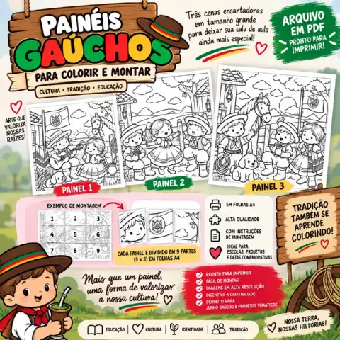 Painéis Gaúchos para Colorir e Montar — 3 Painéis em Tamanho Grande — amostra 2: Como funciona: