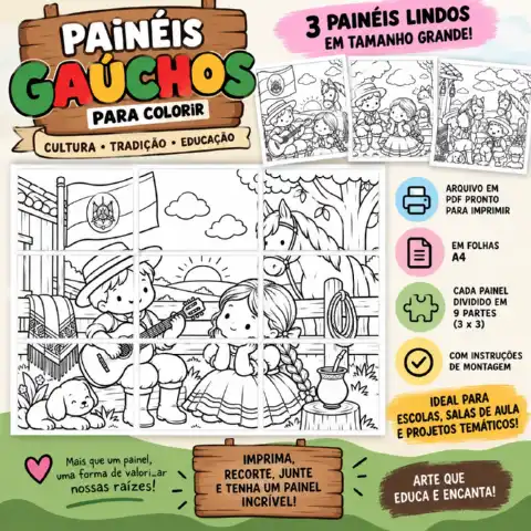Painéis Gaúchos para Colorir e Montar — 3 Painéis em Tamanho Grande — capa do material