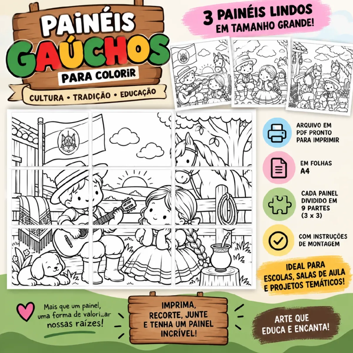 Painéis Gaúchos para Colorir e Montar — 3 Painéis em Tamanho Grande — Atividades para Educação Infantil: Transforme a sala…