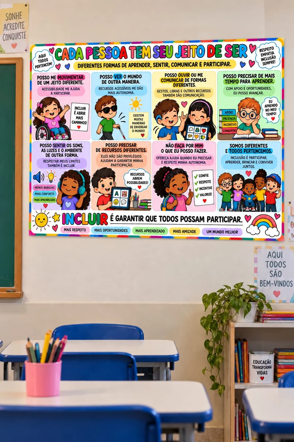 Painéis Informativos – Informação Gera Inclusão — amostra 1: 🌈 Mais empatia. 💙 Mais respeito. 🤝 Mais acolhimento. ✨ Mais…