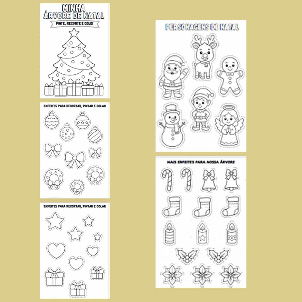Painel Árvore de Natal com elementos para colorir e montar — amostra 4: Painel interativo de Natal com árvore colorida e…