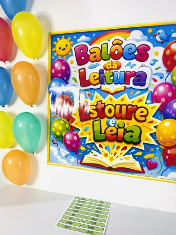 Painel Balões da Leitura para Alfabetização e Educação Infantil — amostra 3: Painel Balões da Leitura com 40 fichas de…