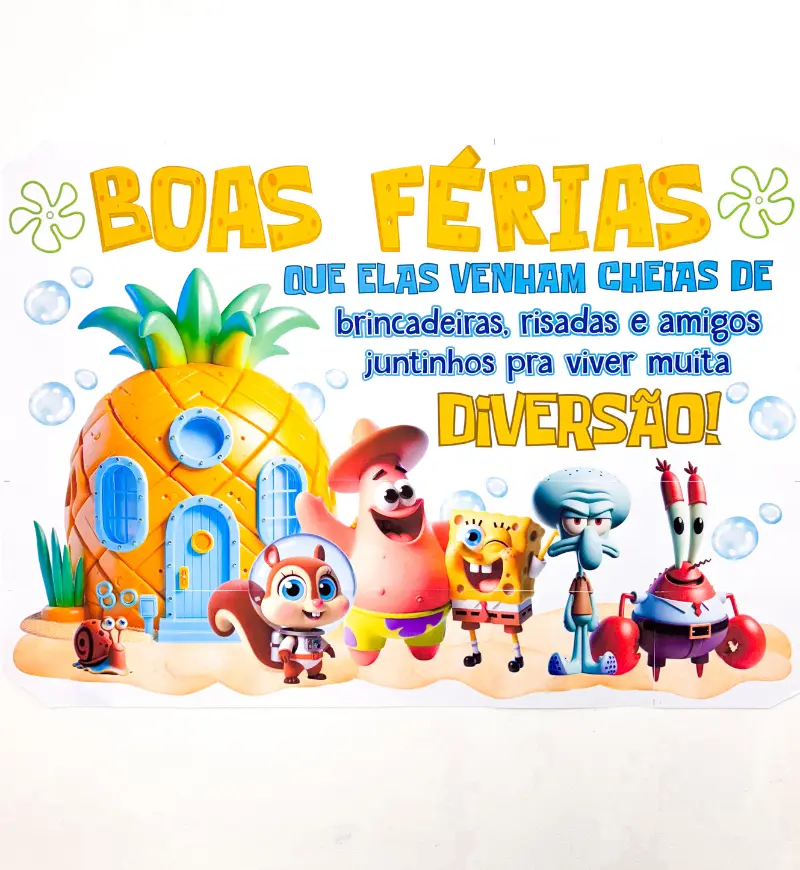 Painel Boas Férias inspirado no Bob Esponja para imprimir — amostra 1: Painel Boas Férias para celebrar a pausa na escola
