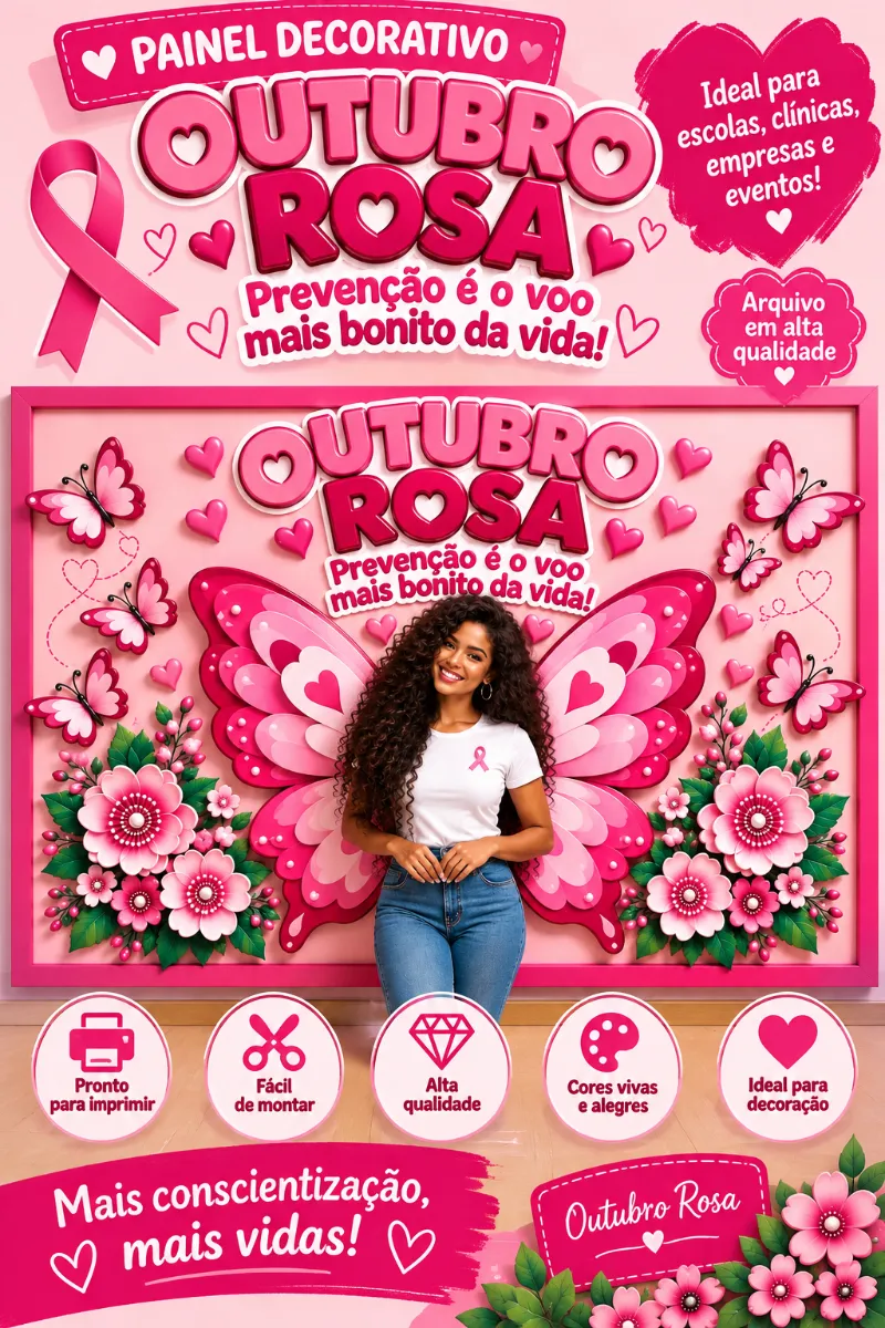 Painel Borboleta Outubro Rosa — amostra 1: Painel decorativo Outubro Rosa em estilo 3D