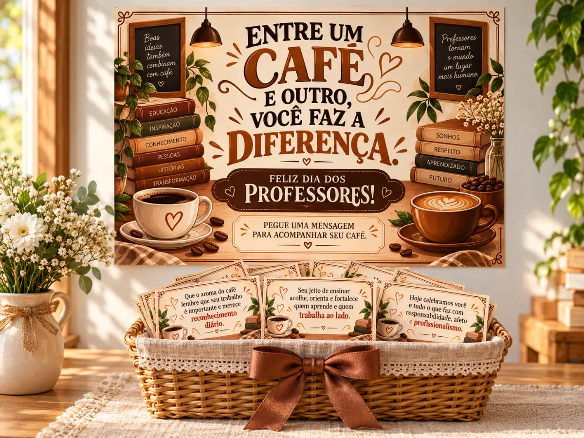 Painel Café dos Professores + 30 Mensagens Lindas — amostra 1: Um kit acolhedor com painel temático de café e 30 mensagens…