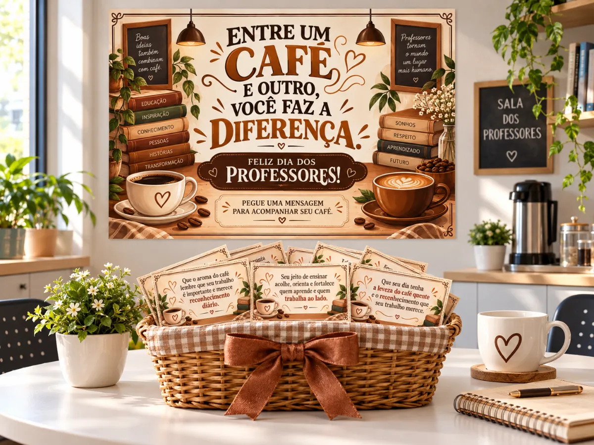Painel Café dos Professores + 30 Mensagens Lindas — amostra 2: Um kit acolhedor com painel temático de café e 30 mensagens…