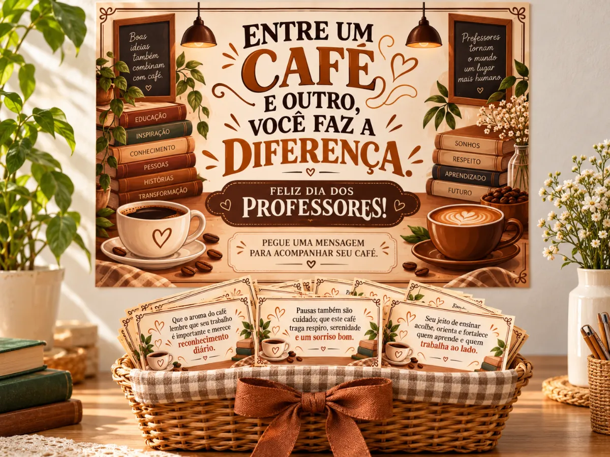 Painel Café dos Professores + 30 Mensagens Lindas — amostra 3: Um kit acolhedor com painel temático de café e 30 mensagens…