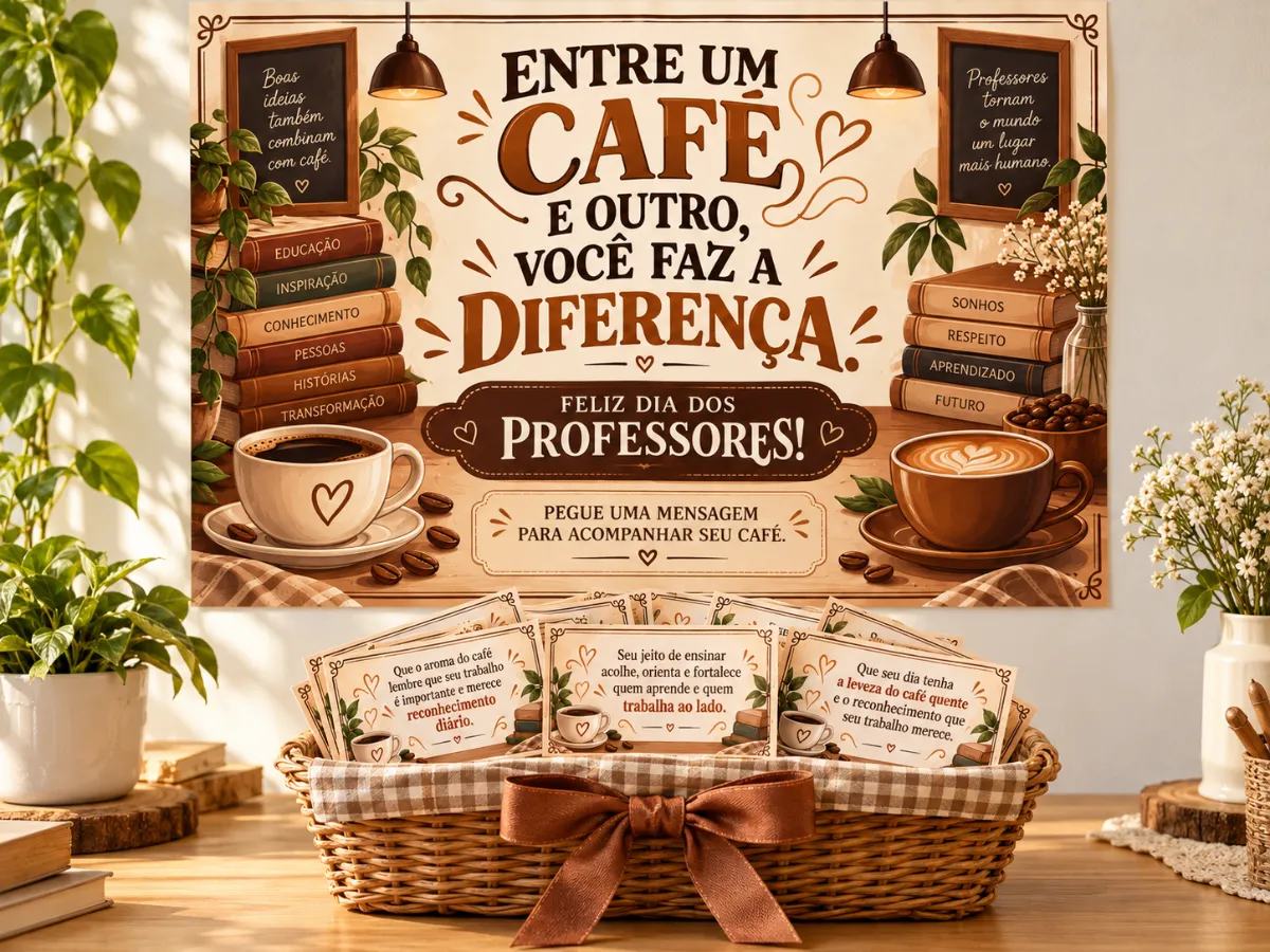 Painel Café dos Professores + 30 Mensagens Lindas — amostra 4: Um kit acolhedor com painel temático de café e 30 mensagens…