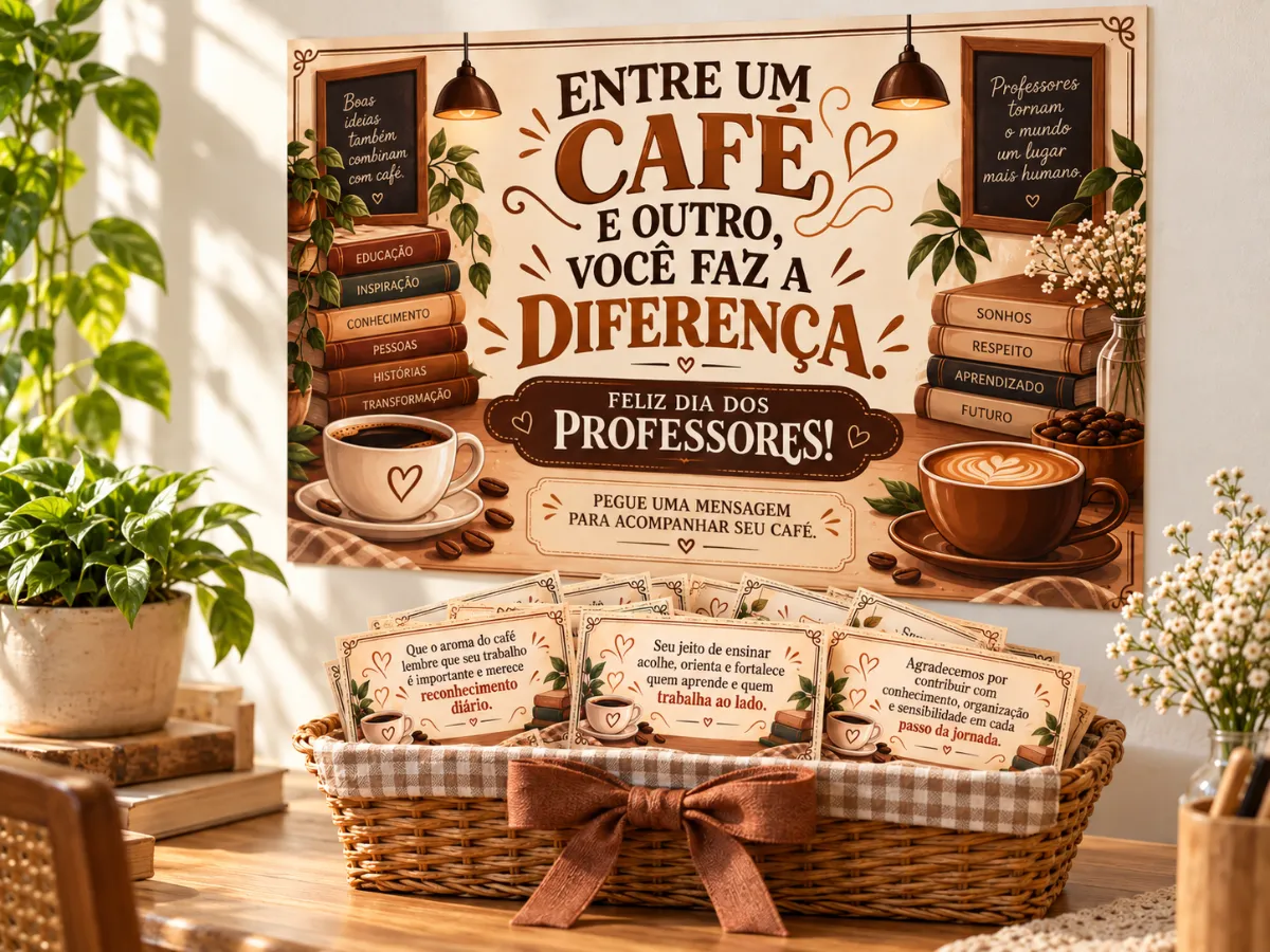 Painel Café dos Professores + 30 Mensagens Lindas — Datas comemorativas para Todas as séries: Um kit acolhedor com painel…