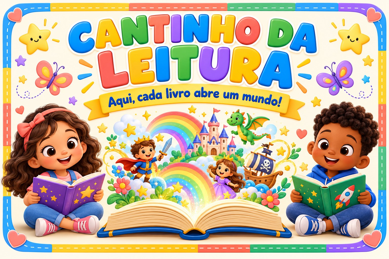 Painel Cantinho da Leitura em PDF – Decoração Escolar Colorida — amostra 1: O Painel Cantinho da Leitura traz a frase…