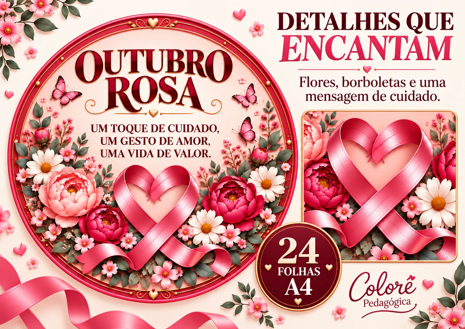 Painel Circular Outubro Rosa em 24 Folhas A4 | Um Toque de Cuidado — amostra 2: Painel com flores, borboletas e laço em… Painel Circular Outubro Rosa em 24 Folhas A4 | Um Toque de Cuidado — amostra 2: Painel com flores, borboletas e laço em…