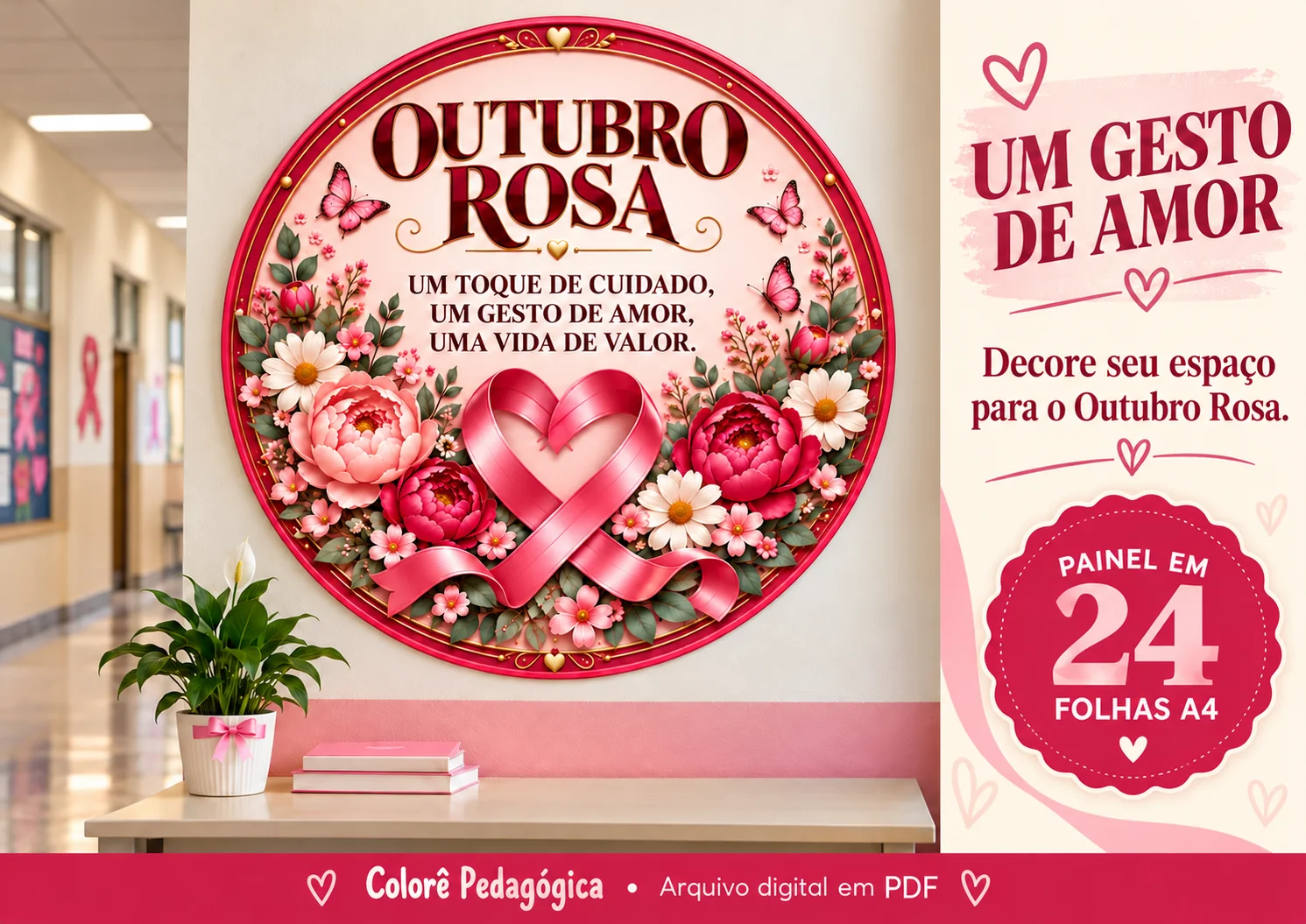 Painel Circular Outubro Rosa em 24 Folhas A4 | Um Toque de Cuidado — amostra 3: Painel com flores, borboletas e laço em… Painel Circular Outubro Rosa em 24 Folhas A4 | Um Toque de Cuidado — amostra 3: Painel com flores, borboletas e laço em…