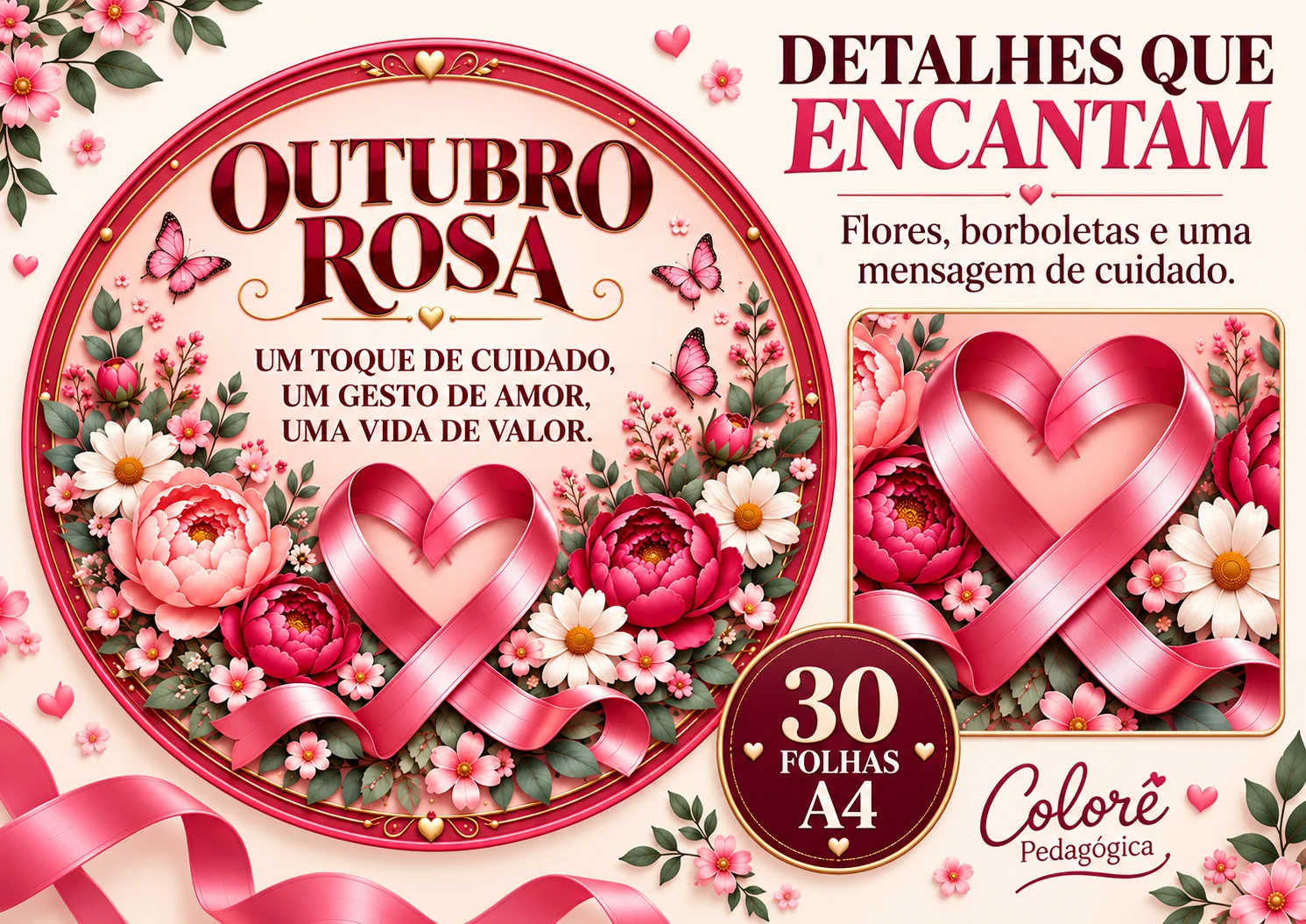 Painel Circular Outubro Rosa em 30 Folhas A4 Cuidar de Si É um Ato... — amostra 2: Painel circular de Outubro Rosa com três…