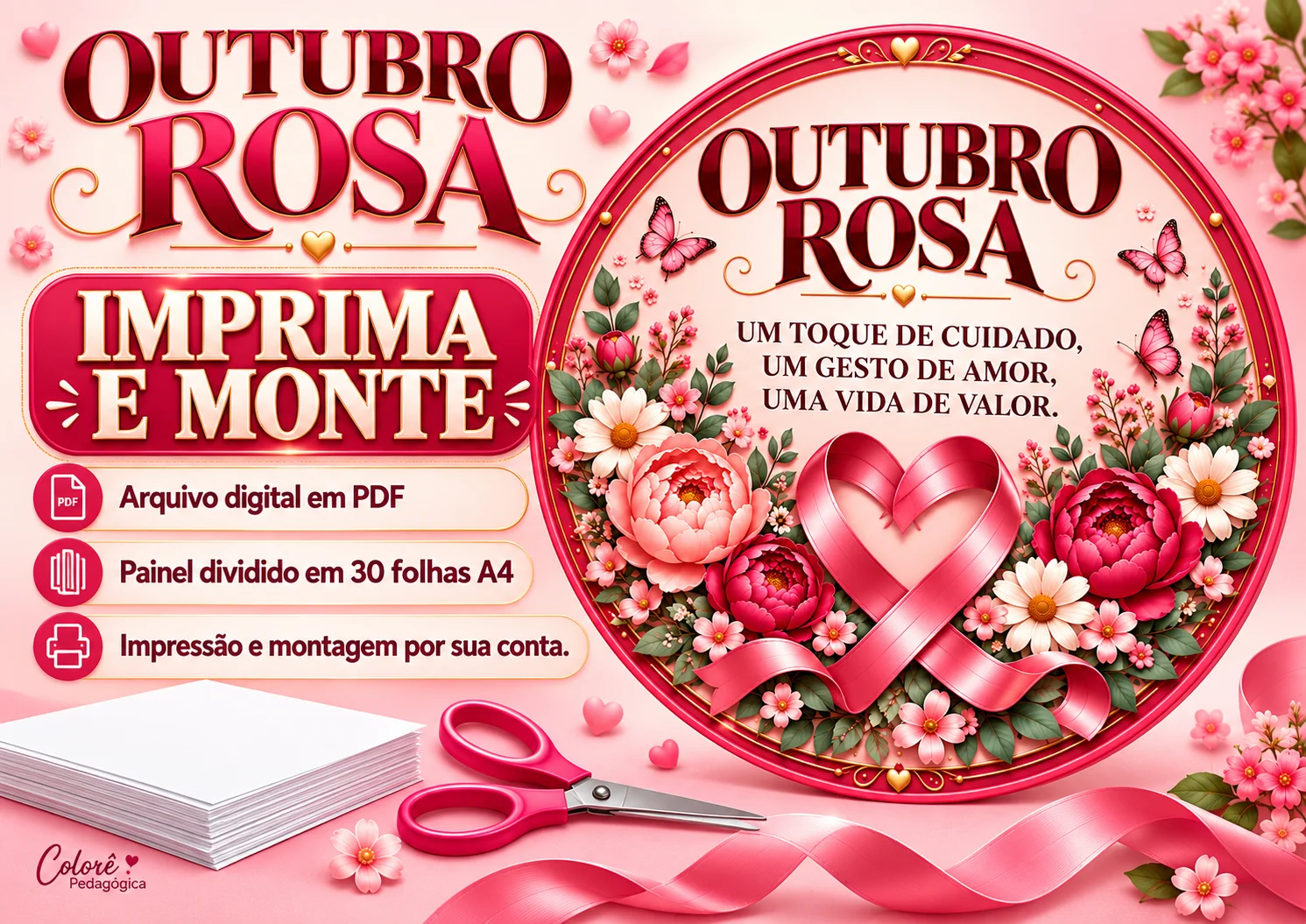 Painel Circular Outubro Rosa em 30 Folhas A4 Cuidar de Si É um Ato... — amostra 3: Painel circular de Outubro Rosa com três…