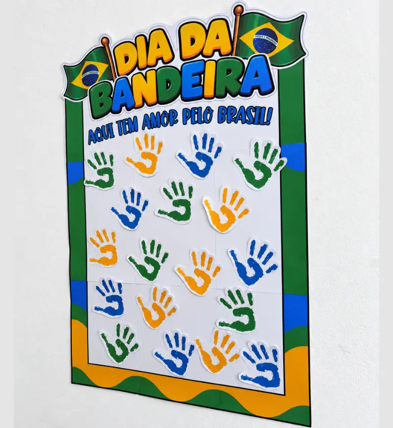Painel Coletivo Dia da Bandeira com Carimbo de Mãos – PDF para Imprimir | Educação Infantil — amostra 1: Sobre o Painel…