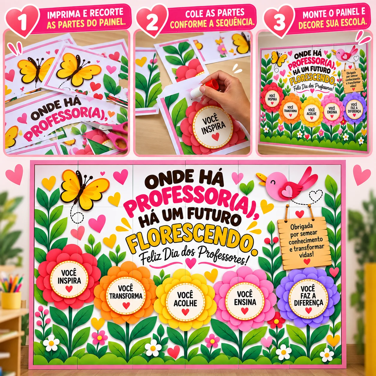 Painel com flores para o dia dos Professores — amostra 1: 🌷 Deixe o Dia dos Professores ainda mais especial! ❤️