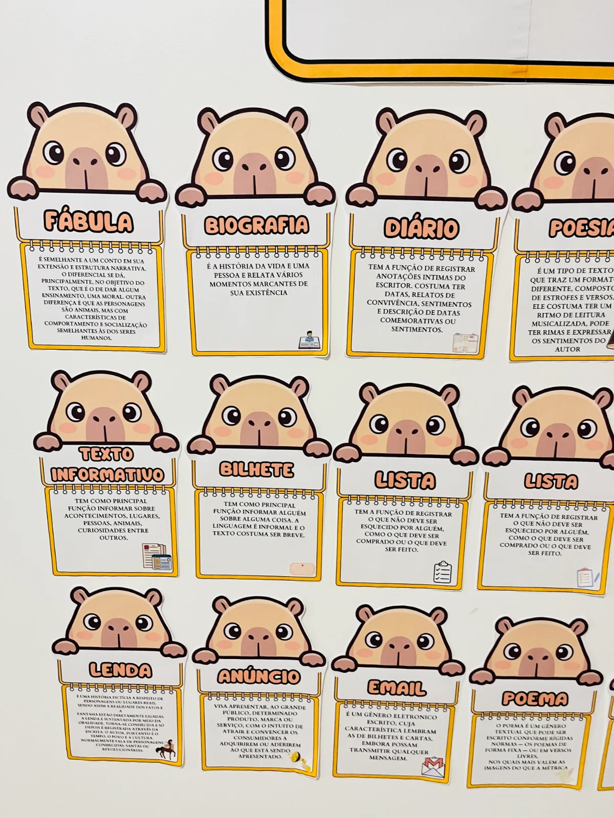 Painel completo Gênero Textual - Capivara fofa — amostra 5: 🌿✨ PAINEL GÊNEROS TEXTUAIS – TEMA CAPIVARAS ✨🌿 Transforme sua…