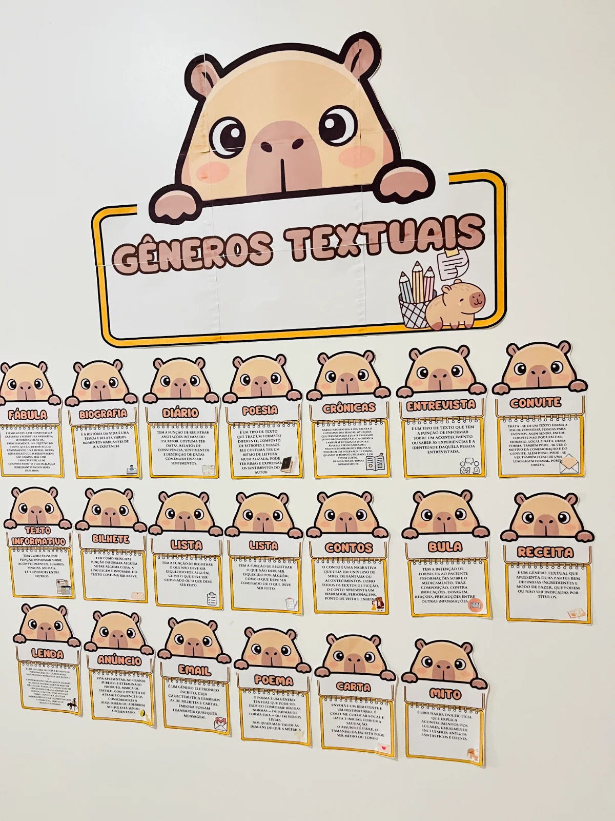 Painel completo Gênero Textual - Capivara fofa — amostra 6: 🌿✨ PAINEL GÊNEROS TEXTUAIS – TEMA CAPIVARAS ✨🌿 Transforme sua…