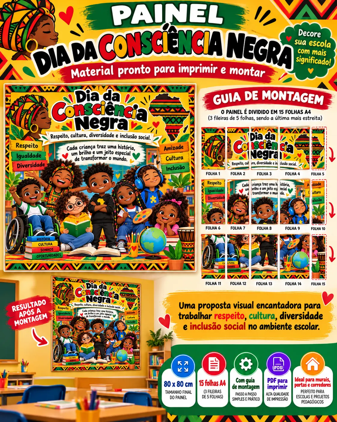 Painel Consciência Negra 80x80cm 1°ano a 9°ano em PDF para imprimir. — amostra 2: PAINEL DIA DA CONSCIÊNCIA NEGRA – TAMANHO…