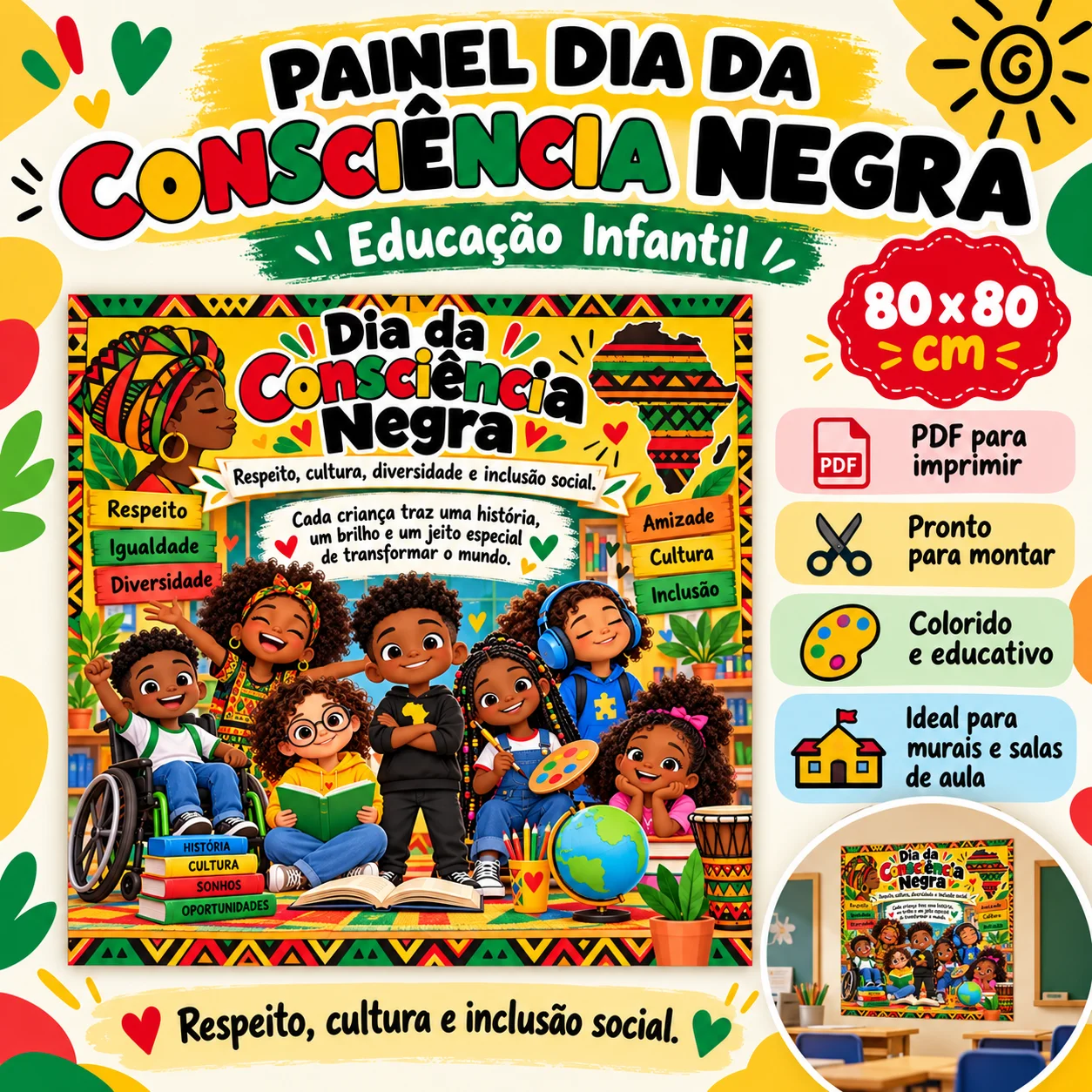Painel Consciência Negra 80x80cm 1°ano a 9°ano em PDF para imprimir. — História para Educação Infantil: PAINEL DIA DA…
