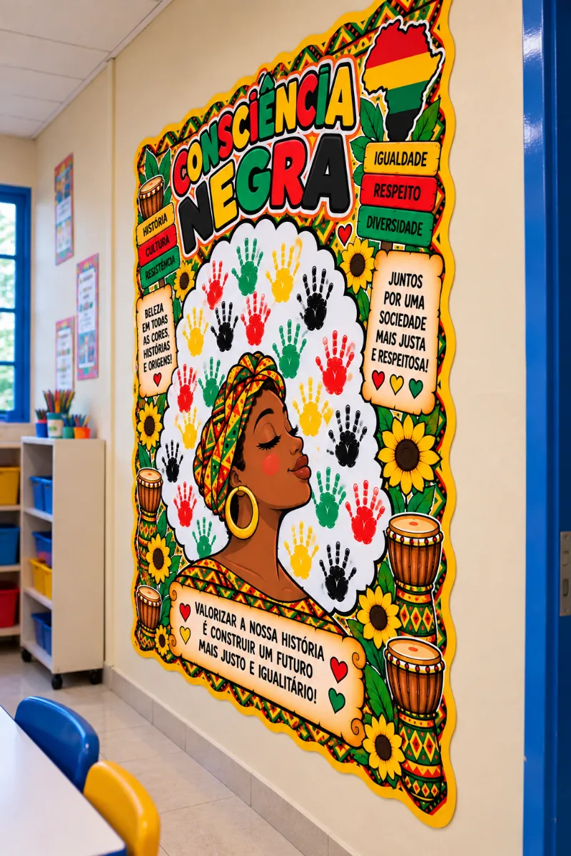 Painel Consciência Negra – Carimbo das Mãos em PDF — amostra 1: Painel Consciência Negra com 19 folhas A4 para montar