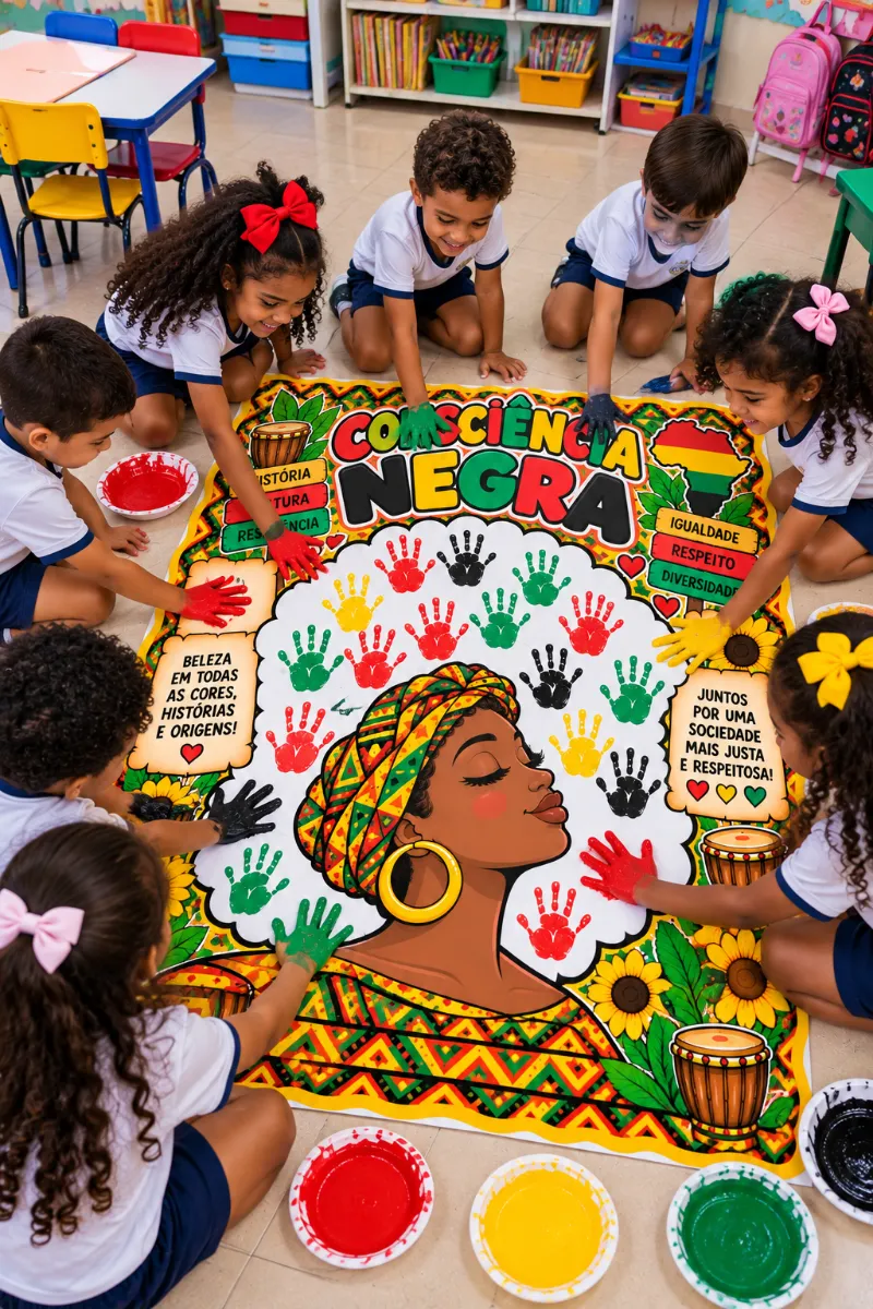 Painel Consciência Negra – Carimbo das Mãos em PDF — amostra 5: Painel Consciência Negra com 19 folhas A4 para montar