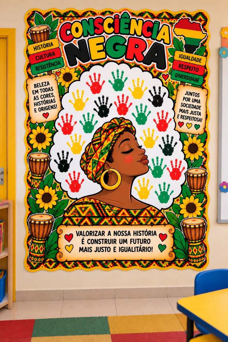 Painel Consciência Negra – Carimbo das Mãos em PDF — amostra 6: Painel Consciência Negra com 19 folhas A4 para montar