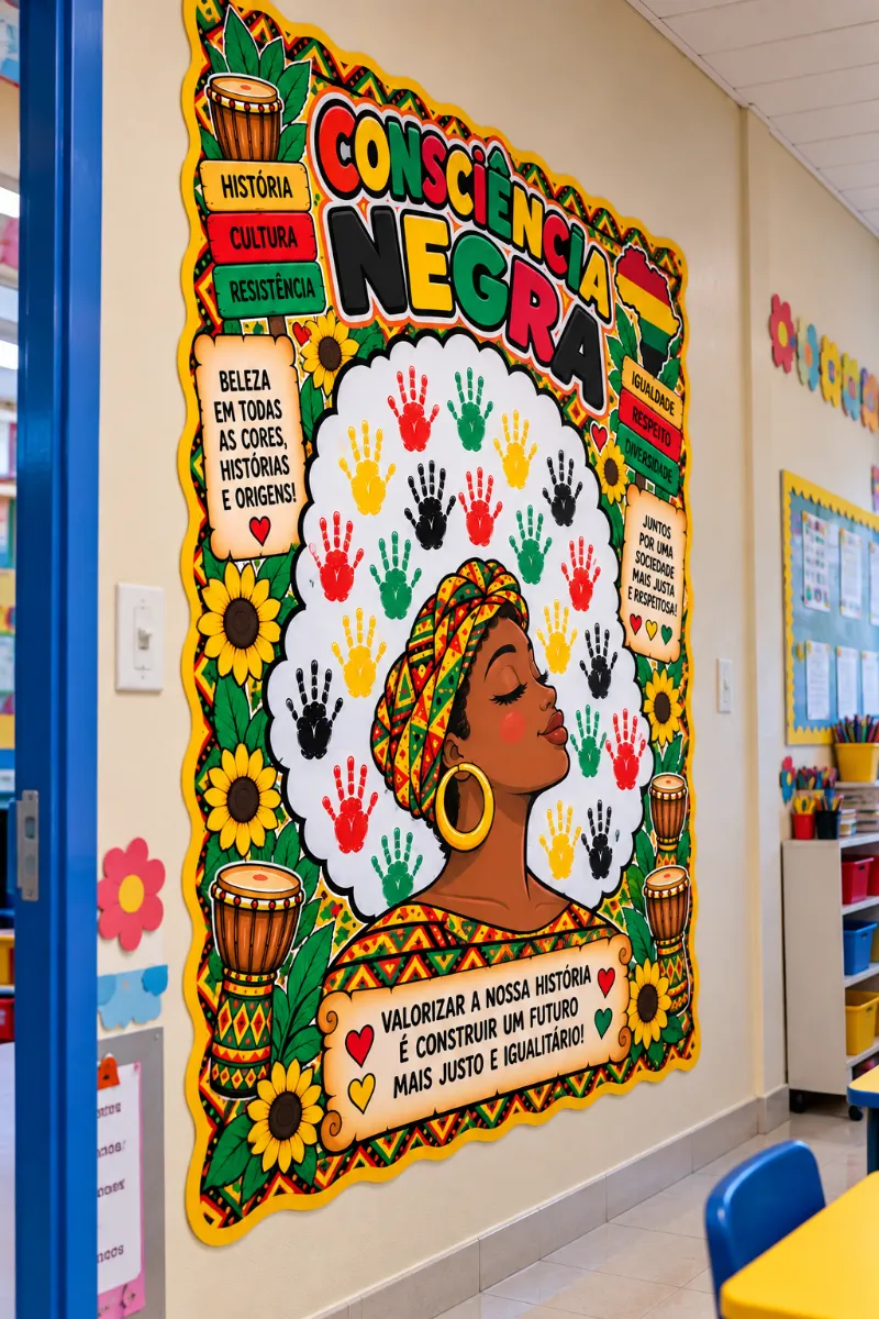 Painel Consciência Negra – Carimbo das Mãos em PDF — Atividades para 1º ano: Painel Consciência Negra com 19 folhas A4 para…