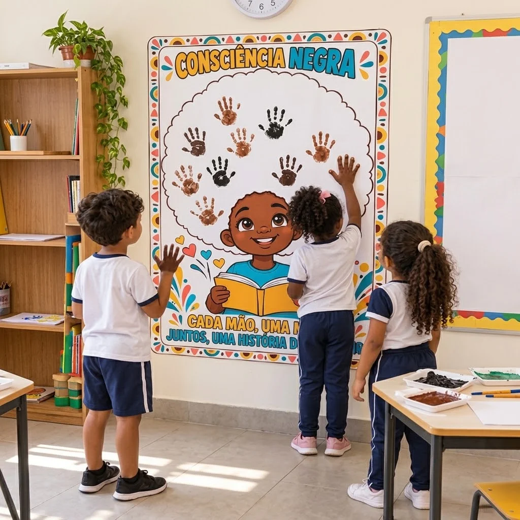 Painel Consciência Negra com Atividade de Carimbo das Mãos — amostra 2: 1. Painel ampliado de Consciência Negra — tamanho…