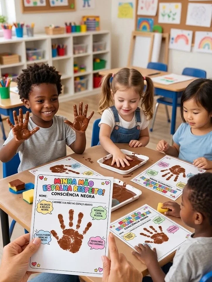 Painel Consciência Negra com Atividade de Carimbo das Mãos — amostra 4: 3. Atividade individual: Minha mão espalha respeito!