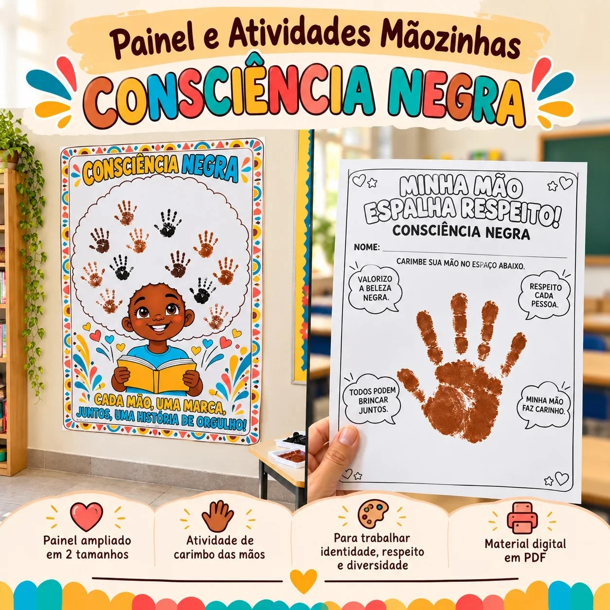 Painel Consciência Negra com Atividade de Carimbo das Mãos — Datas comemorativas para Educação Infantil: Painel Consciência…