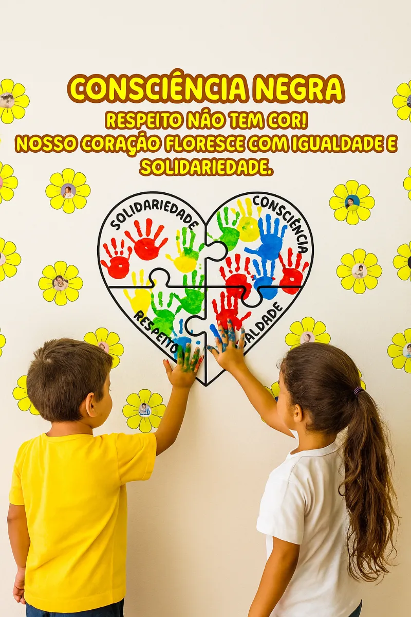Painel Consciência Negra – Mãozinhas e Fotos em PDF — amostra 3: Painel Consciência Negra em PDF com coração para carimbo…