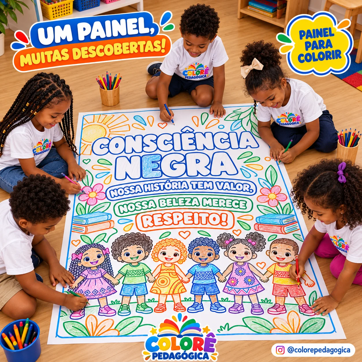 Painel Consciência Negra para Colorir – Educação Infantil 16 folhas a4 — amostra 2: Painel para colorir com personagens…