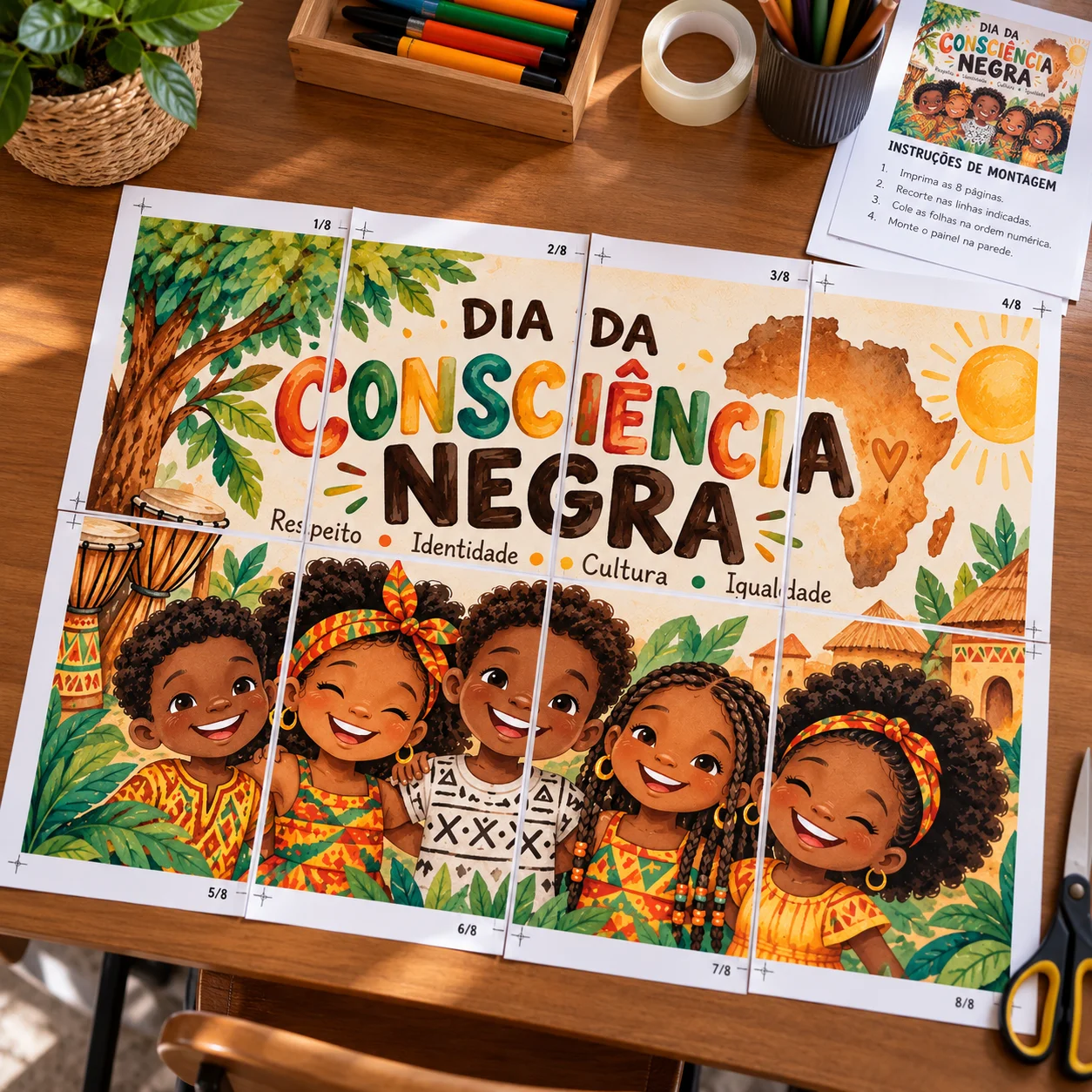 Painel Consciência Negra escolar - Decoração — amostra 1: Painel Dia da Consciência Negra para Escola — PDF para Imprimir