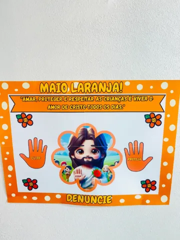 Painel Cristão Maio Laranja - Ensino Religioso — amostra 1: 🧡✋ Painel Cristão Maio Laranja – Protegendo com Amor e Fé