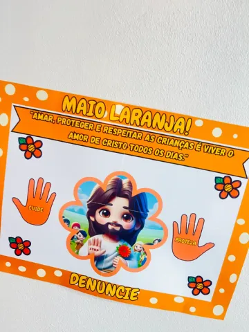 Painel Cristão Maio Laranja - Ensino Religioso — amostra 3: 🧡✋ Painel Cristão Maio Laranja – Protegendo com Amor e Fé