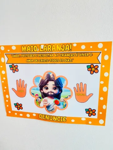 Painel Cristão Maio Laranja - Ensino Religioso — amostra 4: 🧡✋ Painel Cristão Maio Laranja – Protegendo com Amor e Fé