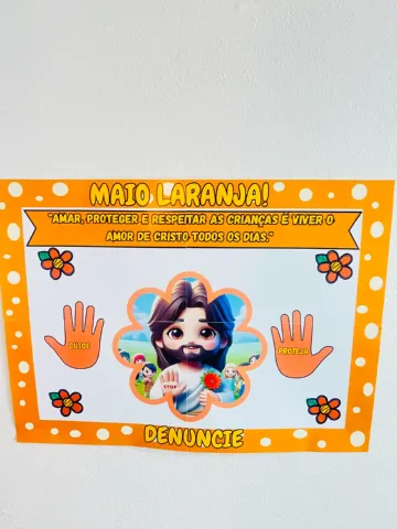 Painel Cristão Maio Laranja - Ensino Religioso — amostra 5: 🧡✋ Painel Cristão Maio Laranja – Protegendo com Amor e Fé