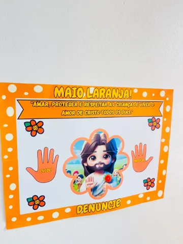Painel Cristão Maio Laranja - Ensino Religioso — amostra 6: 🧡✋ Painel Cristão Maio Laranja – Protegendo com Amor e Fé