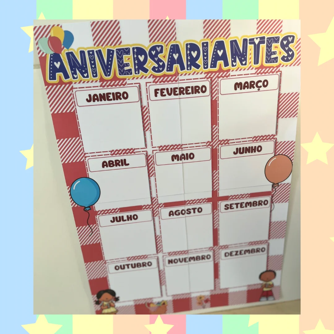Painel de Aniversariantes – Decoração para Sala de Aula — amostra 2: Painel de aniversariantes alegre, colorido e…