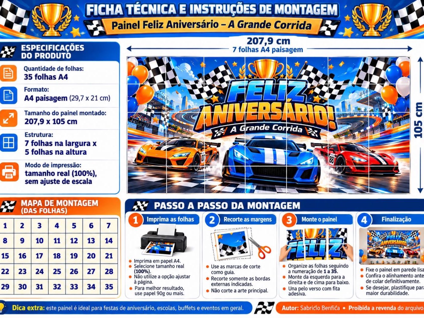Painel de Aniversário Carros de Corrida para Imprimir – 35 Folhas — amostra 1: 🏁 PAINEL DE ANIVERSÁRIO – CARROS DE CORRIDA…