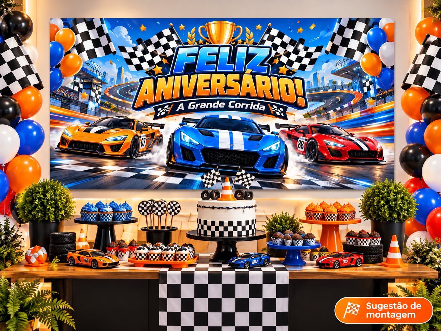Painel de Aniversário Carros de Corrida para Imprimir – 35 Folhas — amostra 3: Painel de aniversário com carros de corrida,…