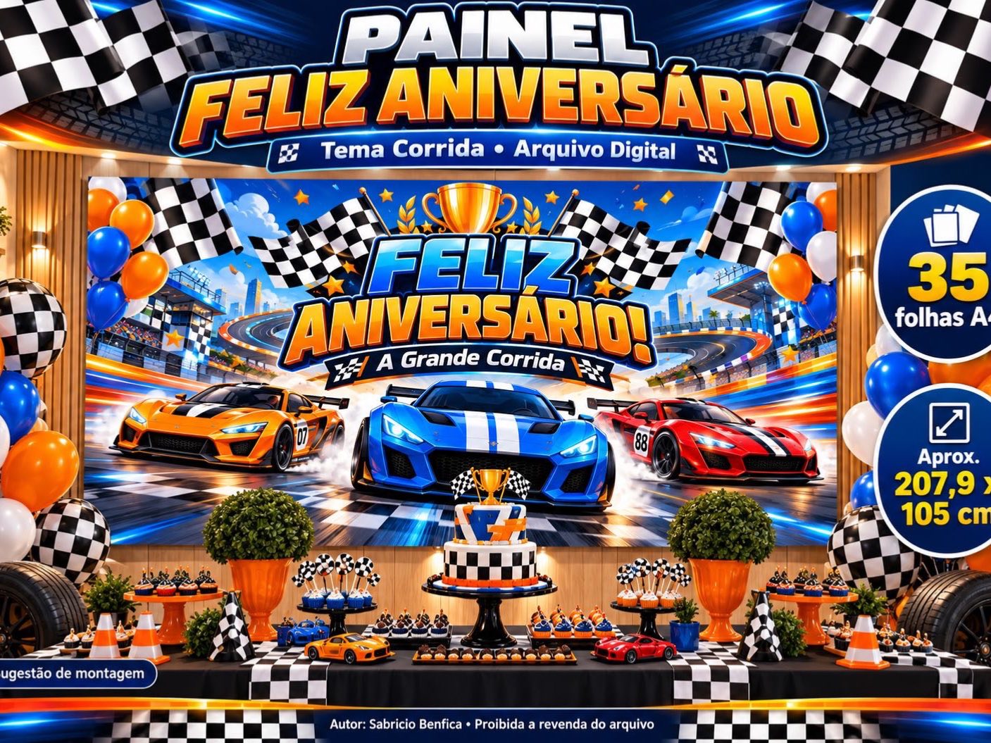 Painel de Aniversário Carros de Corrida para Imprimir – 35 Folhas — capa do material